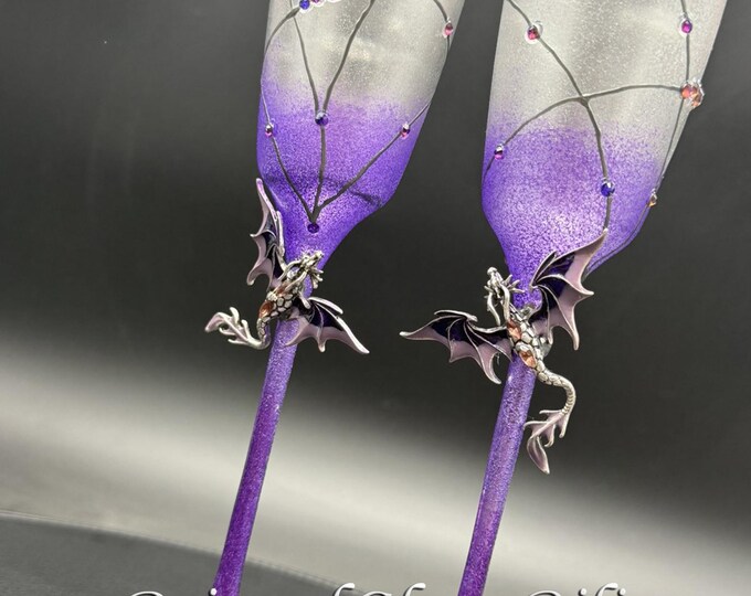 Hand painted Purple dragon wedding flutes