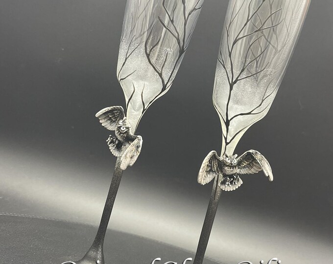 Black silver owl champagne flutes