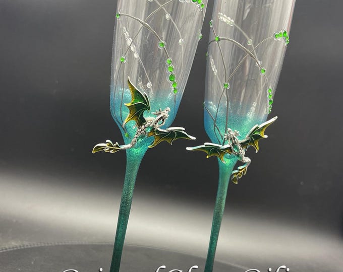 Hand painted Green dragon wedding flutes