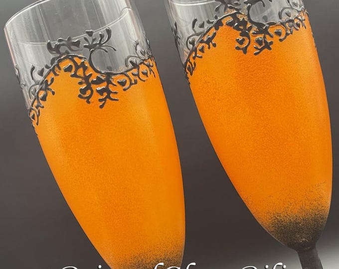 Hand Painted Gatsby style champagne flutes in orange and black, Set of 2