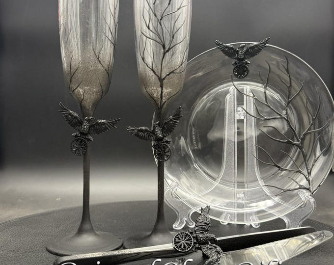 Black crow raven toasting wedding flutes wedding set