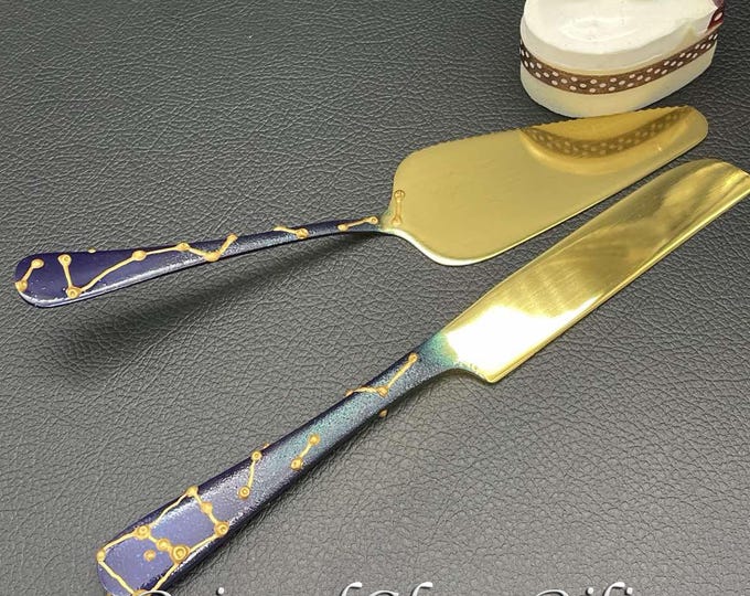 Hand Painted Constellations wedding set: cake serving set and champagne flutes