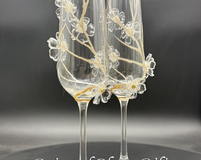Sakura set of 2 Hand Painted champagne flutes Cherry blossom