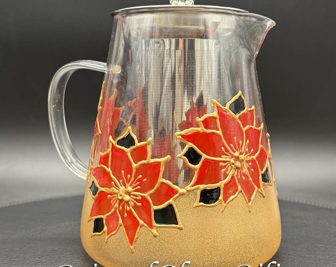 Hand painted glass teapot Christmas Poinsettia