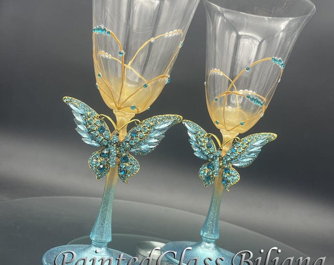 Blue butterfly pained wine glasses