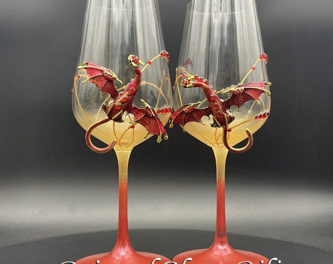 Hand painted Red dragon wine glasses