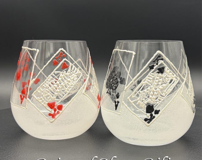 Hand Painted Whiskey Glasses, Royal Flush Poker Design, Casino Game Set (Set of 2)
