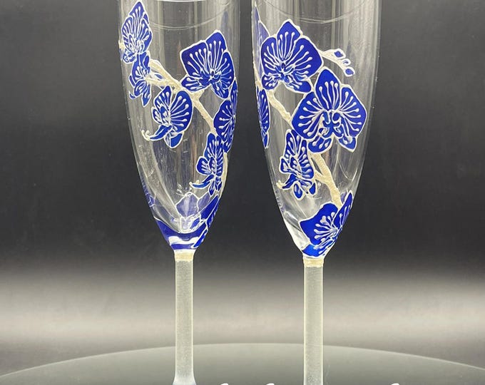 Hand Painted Blue orchid Champagne Glasses, Set of 2