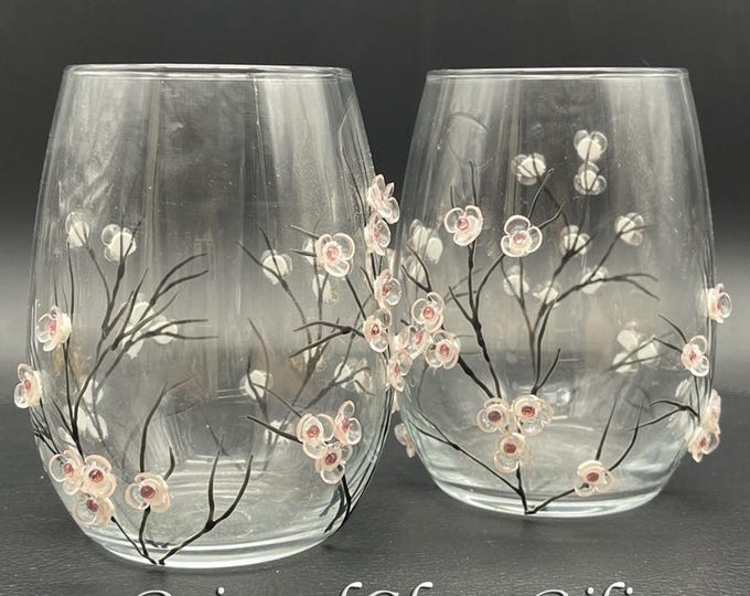 Sakura set of 2 Hand Painted stemless wine glasses Cherry blossom in pink