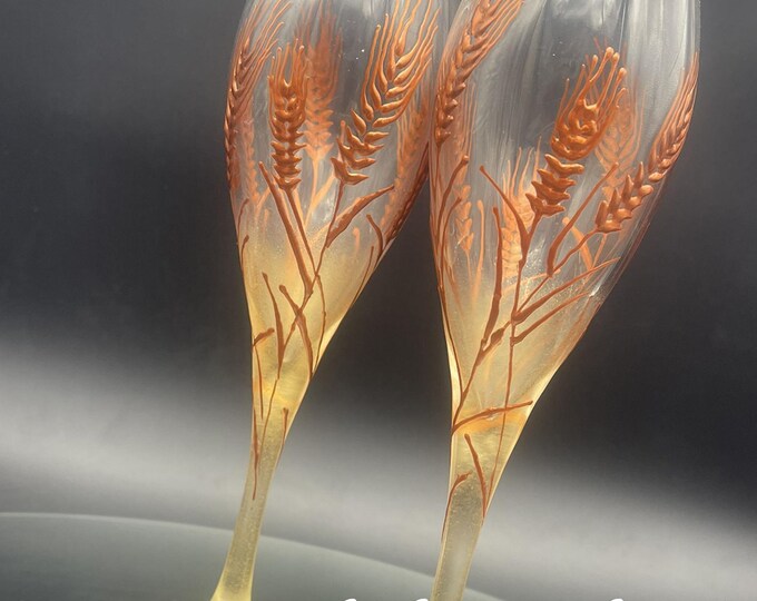 Hand Painted Champagne Glasses: Wheat Rye theme , Set of 2