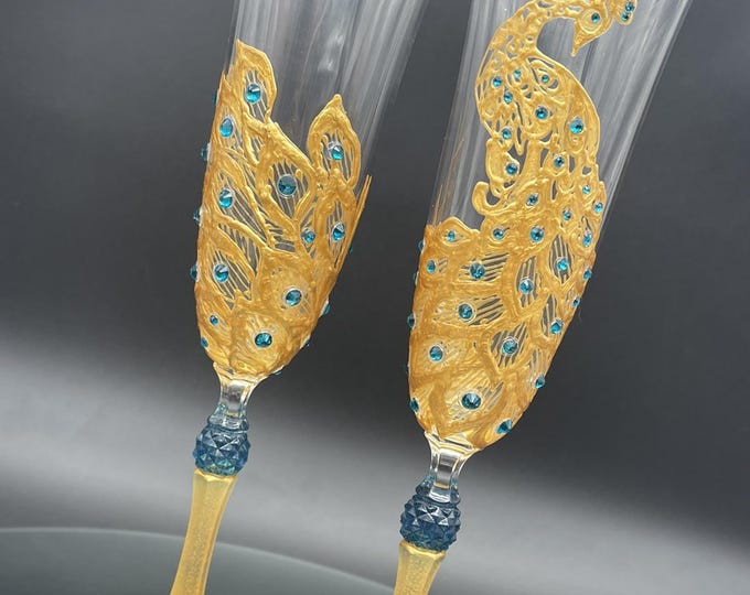 Hand Painted Wedding Champagne Flutes: Gold Peacock