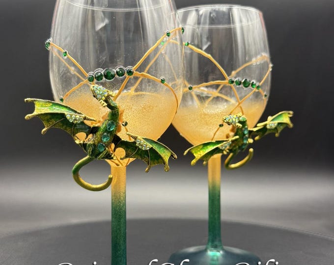 Hand painted Green dragon wine glasses