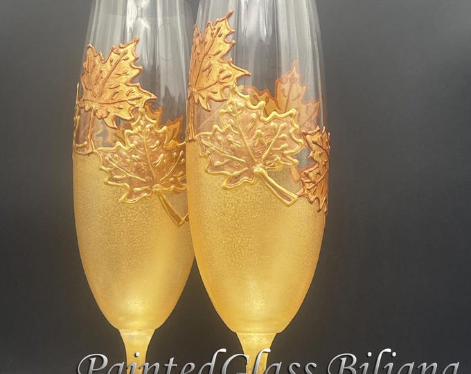 Autumn set of 2 hand painted wedding champagne flutes Maple leaf toasting glasses