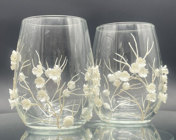 Sakura set of 2 Hand Painted stemless wine glasses white Cherry blossom