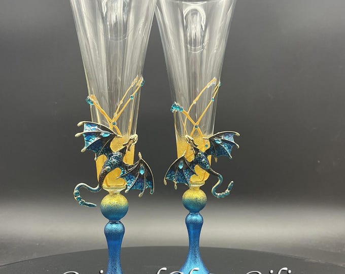 Hand painted Blue dragon wedding flutes