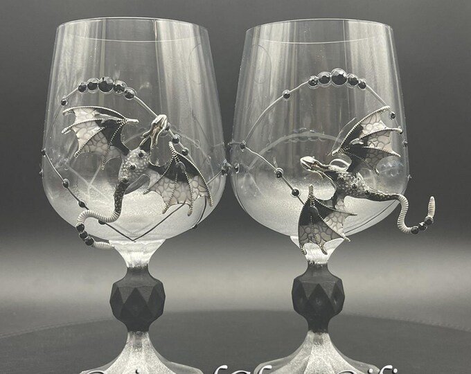 Hand painted Black dragon wine glasses