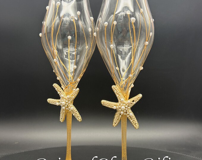 Hand Painted Gold & pearl starfish Wine Glasses
