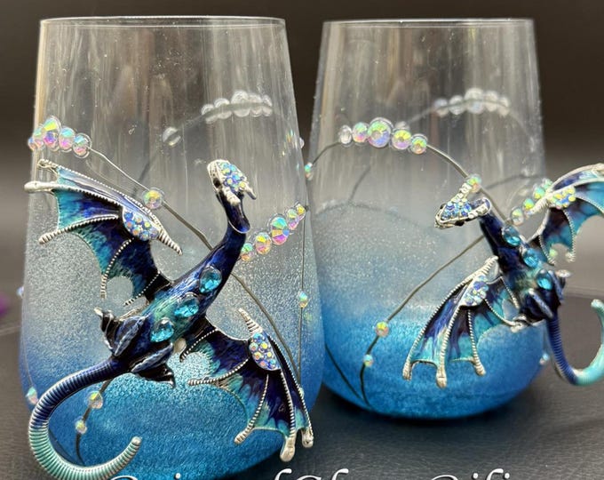 Hand painted Blue dragon stemless wine glasses
