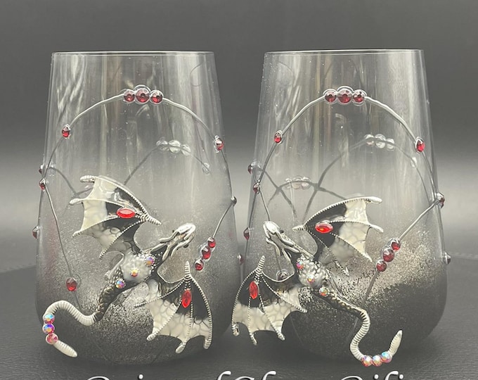 Hand painted Black dragon stemless wine glasses