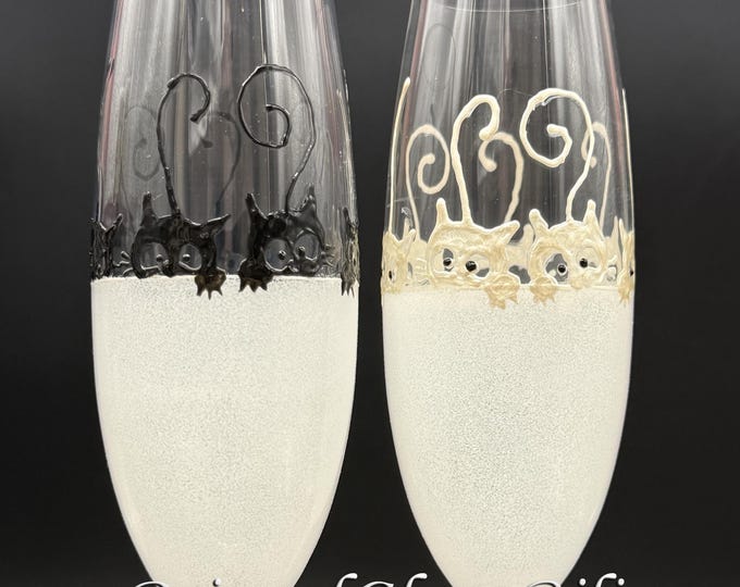 Wedding Champagne Flutes Set of 2 Cats in Black and White
