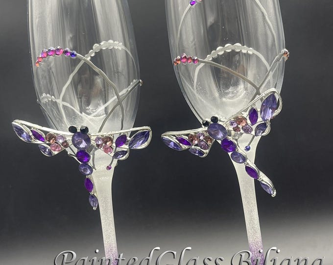 Set of 2 Hand Painted champagne glasses Purple Crystal dragonflies