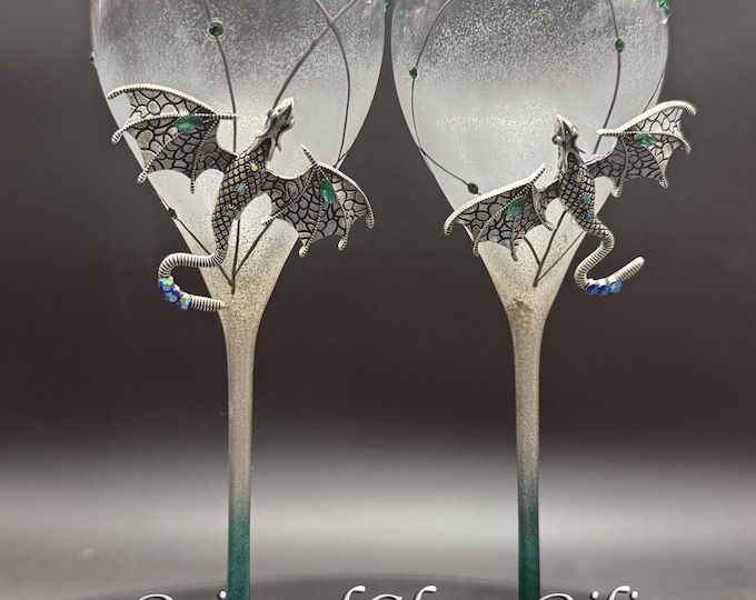Hand painted Silver dragon wedding flutes