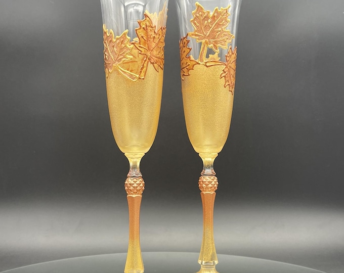 Autumn set of 2 hand painted wedding champagne flutes Maple leaf toasting glasses