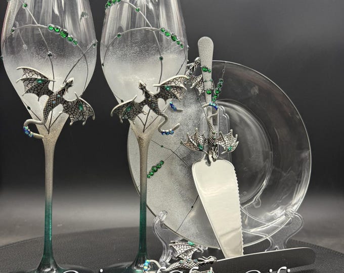 Hand painted Silver dragon wedding set cake server, cake knife and a plate
