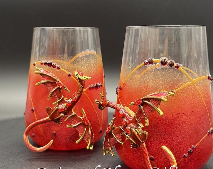 Hand painted Red dragon stemless wine glasses