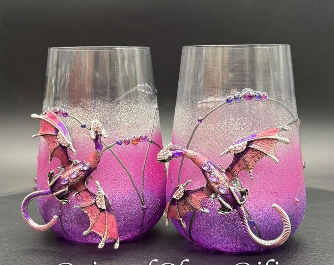 Hand painted Purple dragon stemless wine glasses