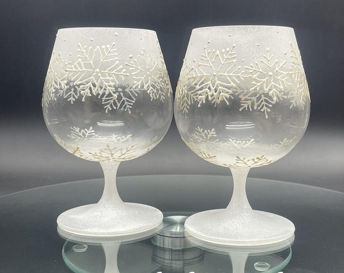 Hand Painted White Snowflake Brandy Whiskey Glasses