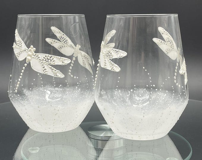 White dragonfly hand pained stemless wine glasses