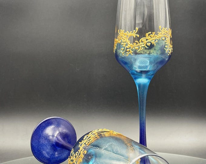 Hand Painted Turquoise Blue Gold Lace Champagne Flutes (Set of 2)