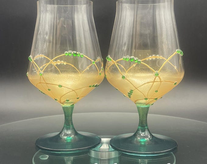 Emerald green & gold pained wine glasses