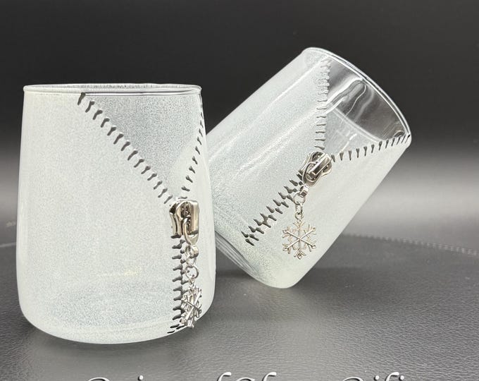Zipper snowflake stemless  wine glasses, Hand Painted