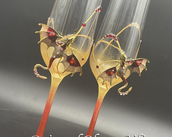 Hand painted Red dragon champagne flutes