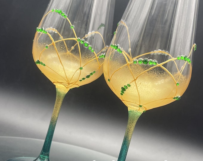 Emerald green & gold pained wine glasses