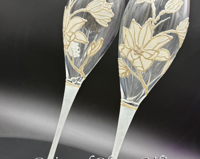 Hand Painted white magnolia champagne flutes