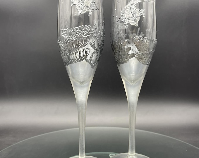 Hand Painted Coral Reef Wedding Champagne Flutes: Silver Beach Theme, Set of 2