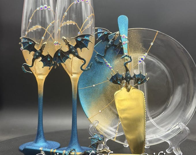 Hand painted Blue & gold dragon wedding set cake server, cake knife and a plate