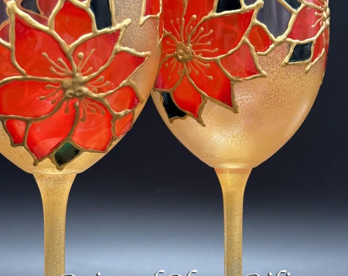 Set of 2 Hand Painted Christmas unique wine toasting glasses Winter Poinsettia theme