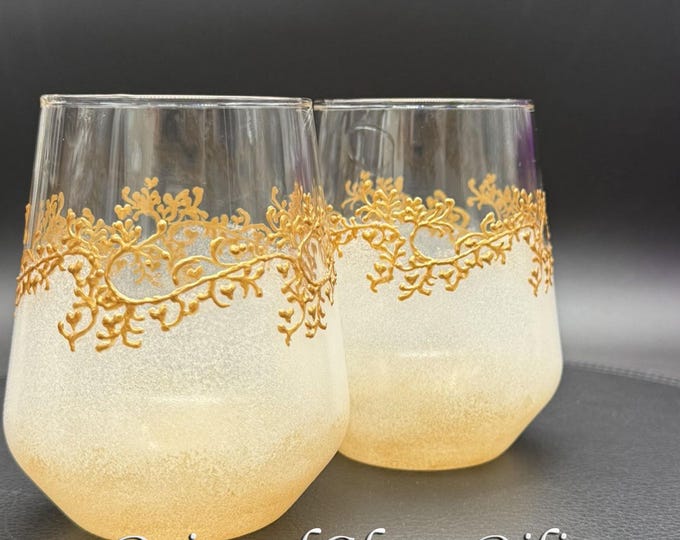 Hand Painted Stemless Wine Glasses: Gold Lace, White Frost, Gatsby Style Set