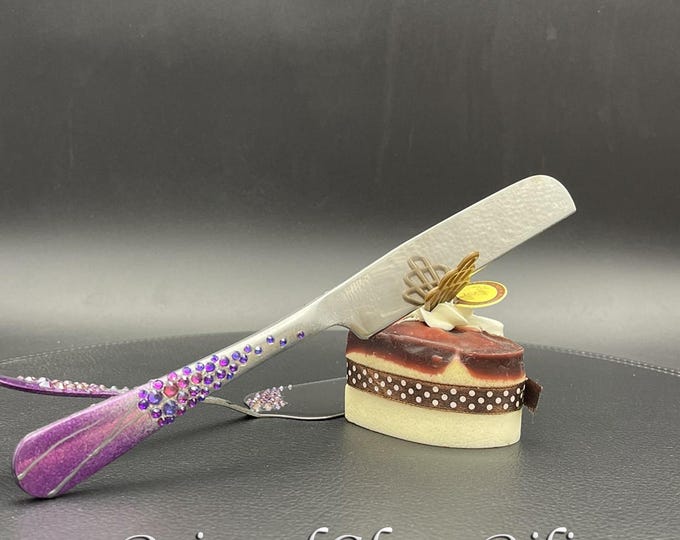 Hand Painted Lavender Cake Serving Set with Crystals, Cake Server Knife