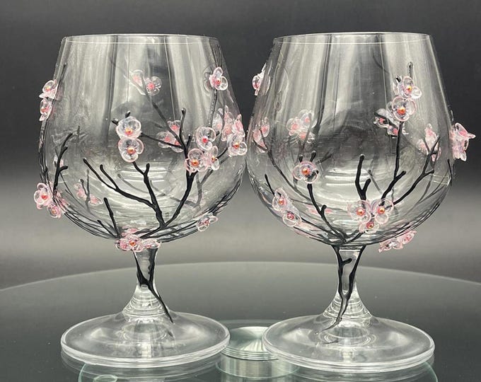Sakura set of 2 Hand Painted brandy glasses Cherry blossom in pink