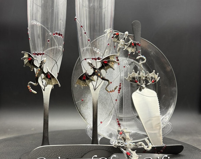 Hand painted Silver dragon wedding set cake server, cake knife and a plate
