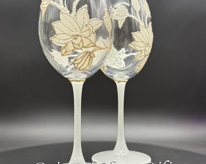 Hand Painted white magnolia Wine Glasses