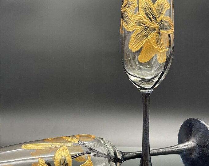 Hand Painted Champagne Flutes: Gold Day Lily Design, Set of 2