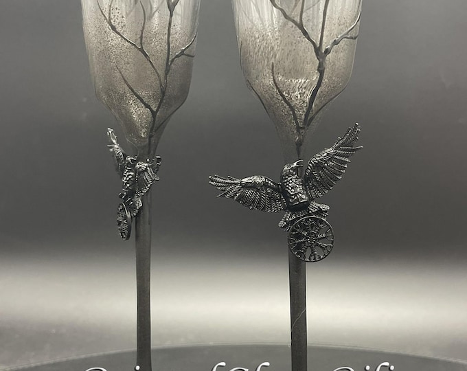 Black crow raven toasting wedding flutes wedding set