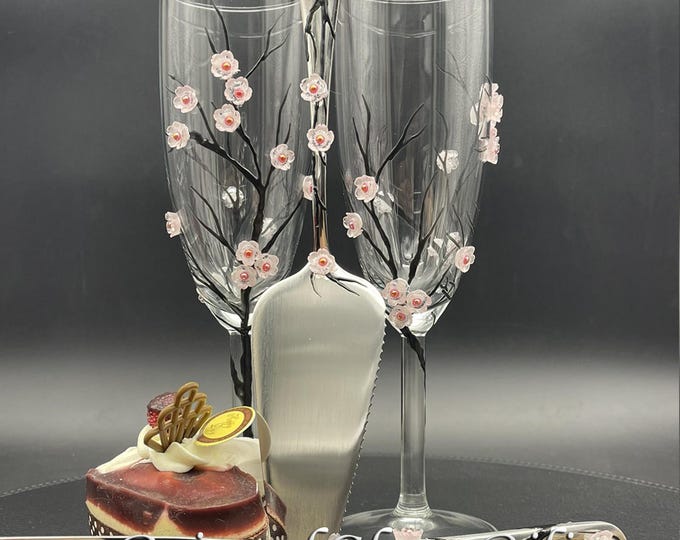 Hand Painted Pink Sakura Cherry Blossom Champagne Flutes wedding set
