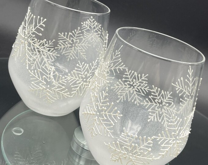 Hand Painted White Snowflake Stemless Wine Glasses